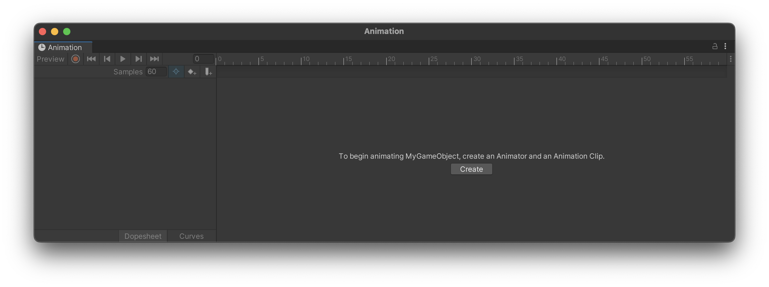 an empty animator window for an object without an animator component