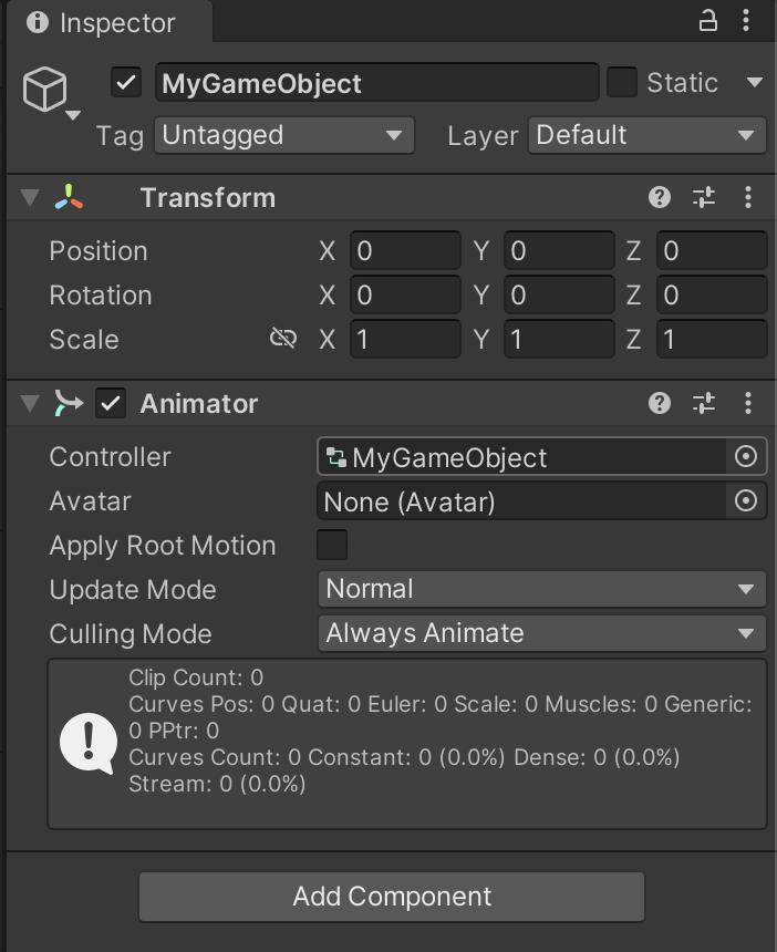 The animator componenet in the inspector