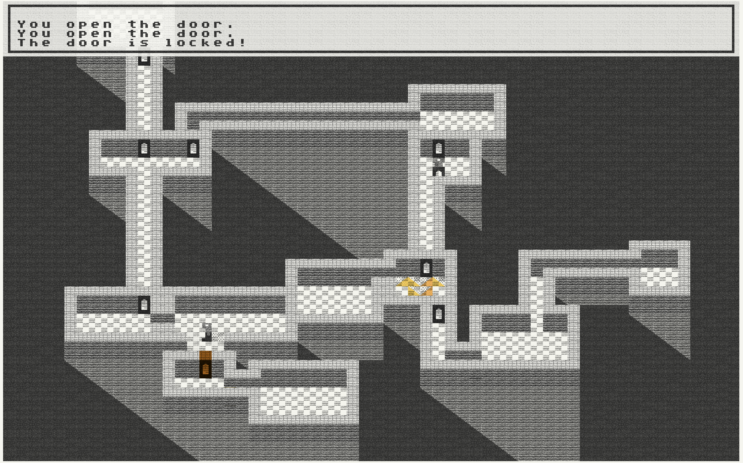 An image of a 2d dungeon game map, text reads "The door is locked!"